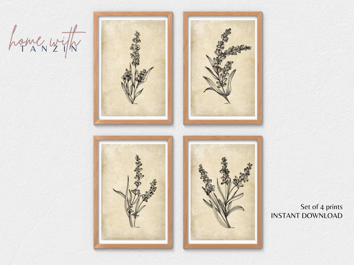 Vintage Floral Art Print - Dark Beige - Set of 4