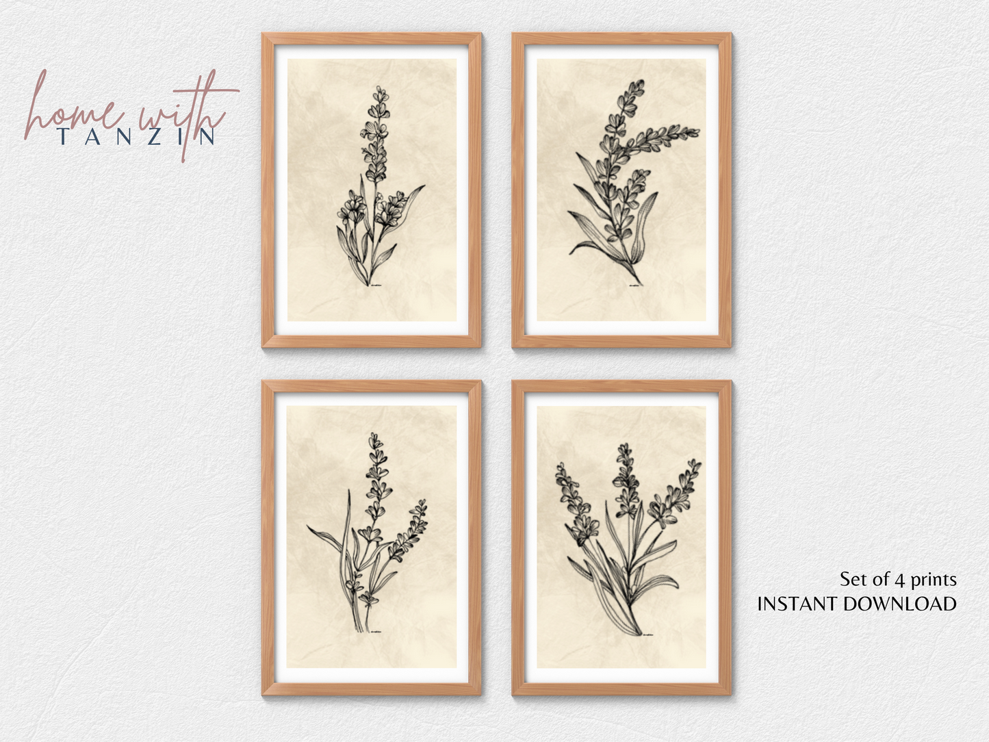 Vintage Floral Art Print - Light Beige - Set of 4