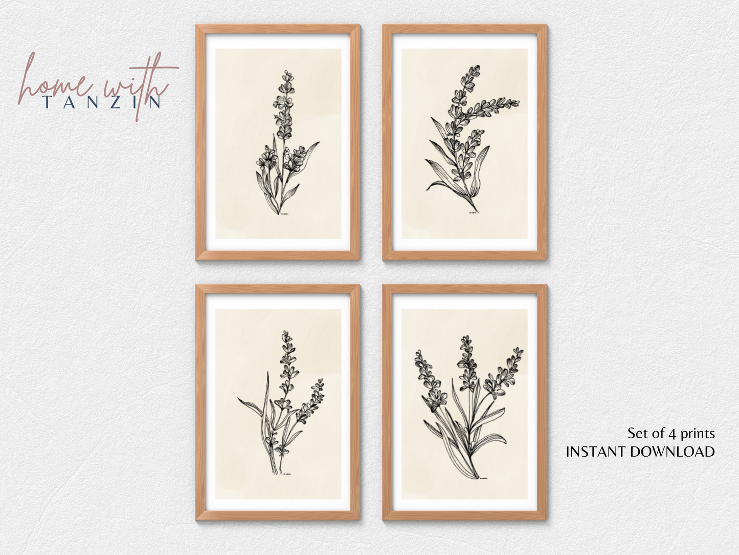 Vintage Floral Art Print -  Soft Beige - Set of 4