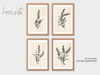 Vintage Floral Art Print -  Soft Beige - Set of 4