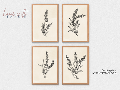 Vintage Floral Art Print -  Soft Beige - Set of 4