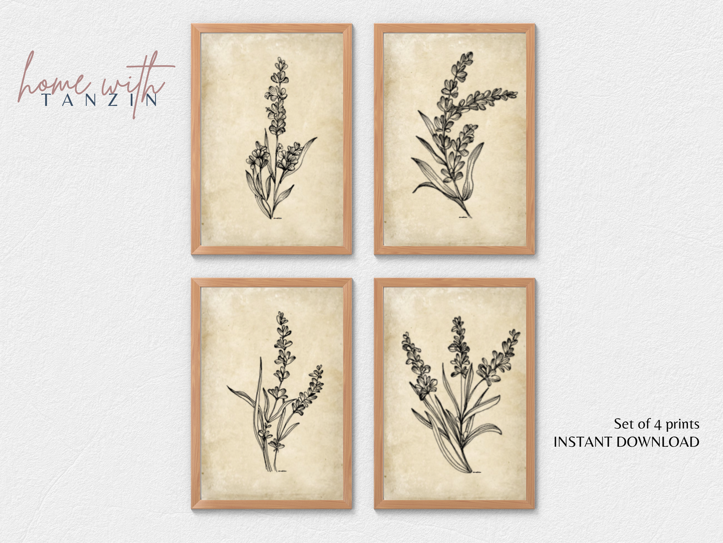 Vintage Floral Art Print -  Dark Beige - Set of 4