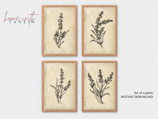 Vintage Floral Art Print -  Dark Beige - Set of 4