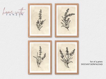 Vintage Floral Art Print - Light Beige - Set of 4