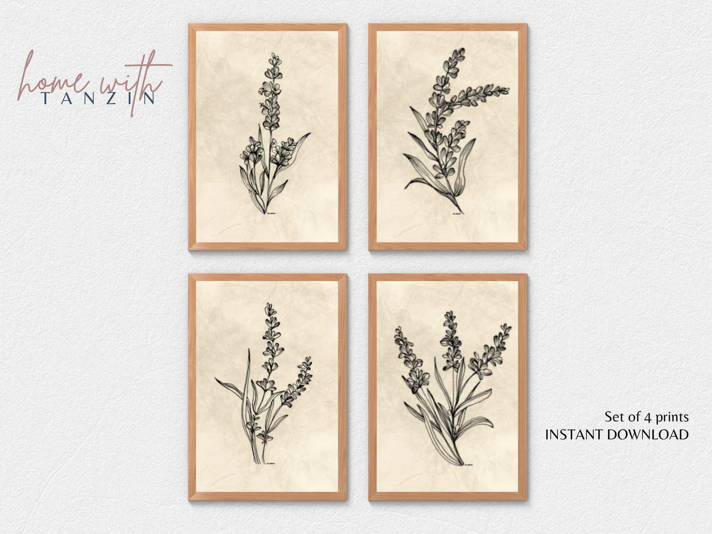 Vintage Floral Art Print - Light Beige - Set of 4