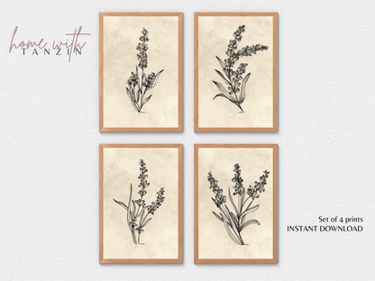 Vintage Floral Art Print - Light Beige - Set of 4