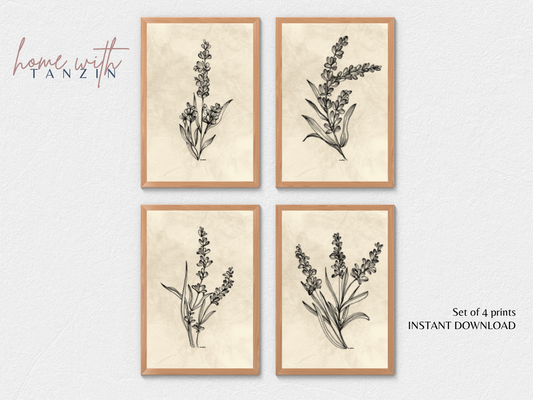 Vintage Floral Art Print - Light Beige - Set of 4
